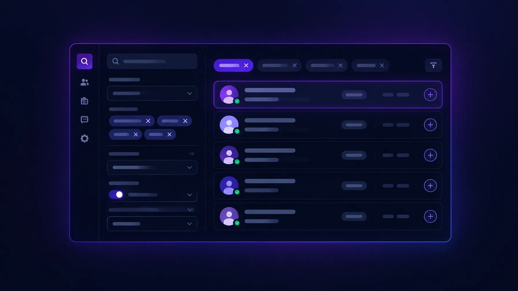 Topa lead search Illustration of a dark prospect search and contact list interface